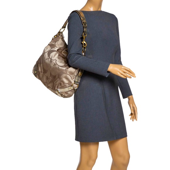 Coach Gold Patent Leather Signature Monogram Canvas Hobo Purse Bag - Picture 13 of 14